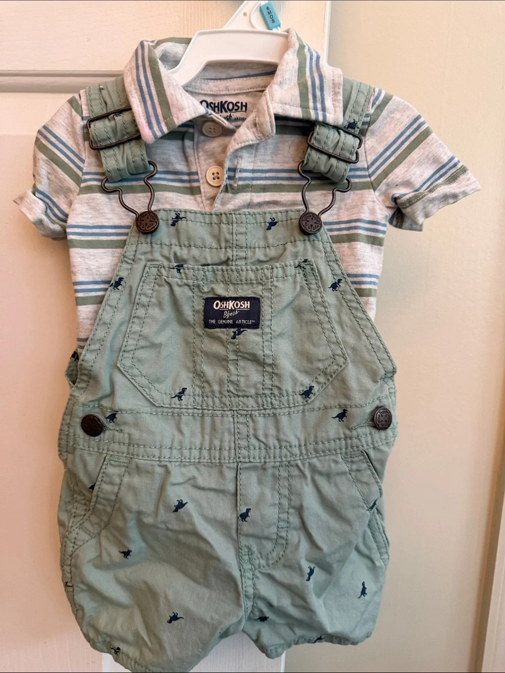 OshKosh B'gosh Sage Green Overalls with Navy Dino Embroidery